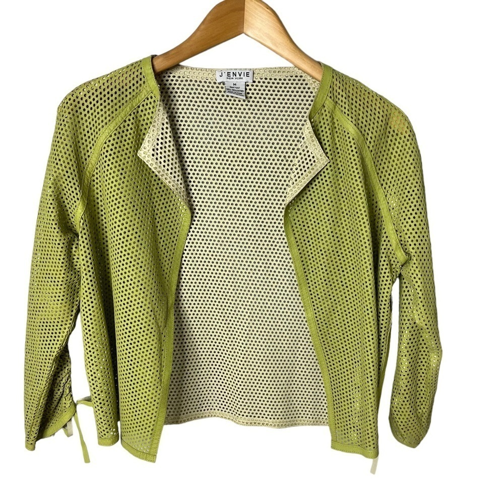 J’envie Perforated Leather Open Front Jacket Green Size Medium